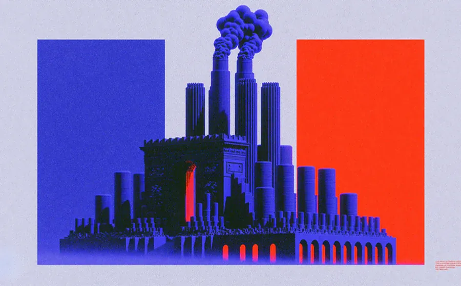 Une usine rétrofuturiste se dresse entre deux aplats bleu et orange