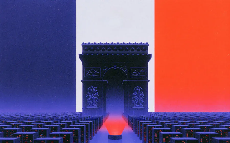 Un arc monumental entouré de serveurs sous des champs bleu et orange