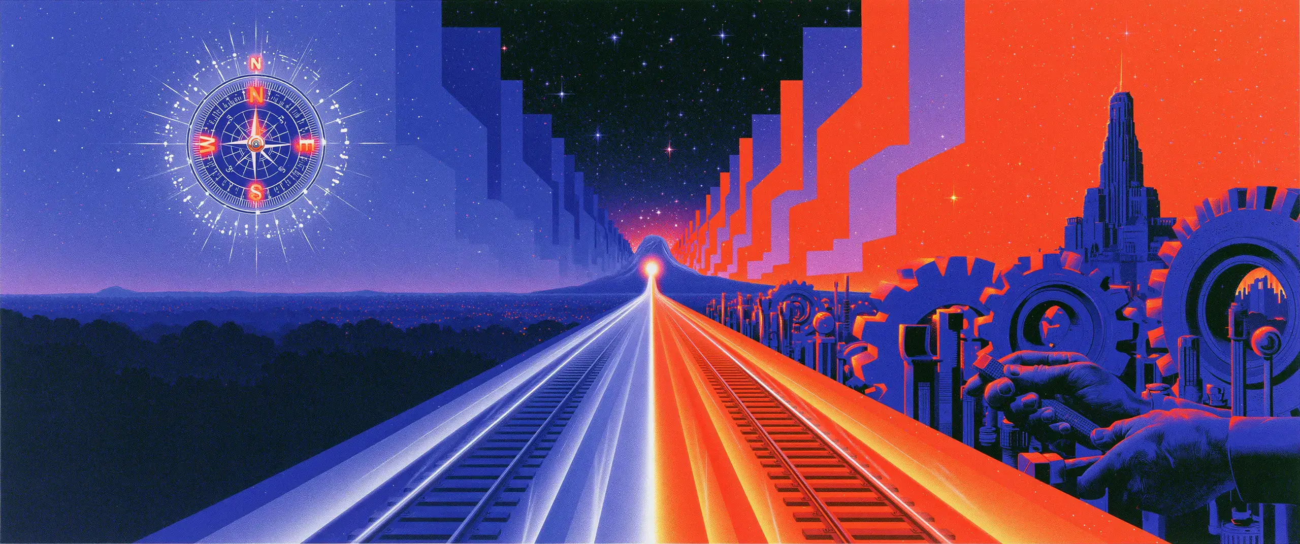 Deux voies, l’une bleue et l’autre orange, convergent vers un même horizon, entre boussole et rouages