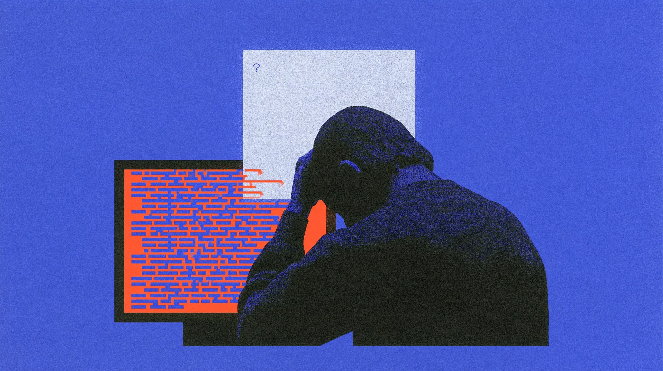 Une silhouette se tient la tête, dépassée, face à un écran de code et une page blanche marquée d'un point d'interrogation